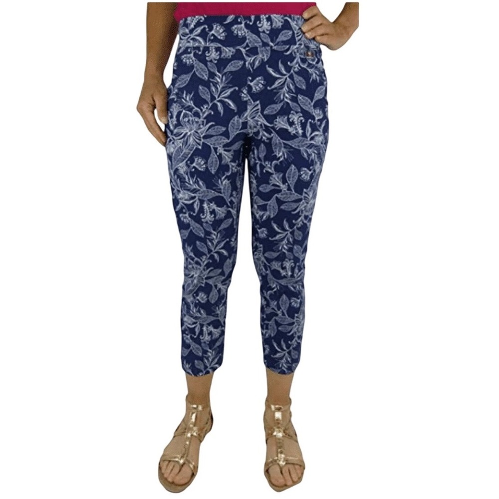 Rafaella Comfort Cropped Pants Navy Blue White Floral Leaf Pattern Trousers